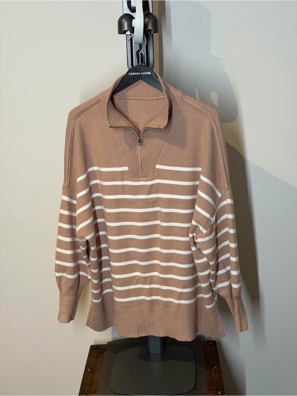 Striped Half-Zip Sweater in Beige and White